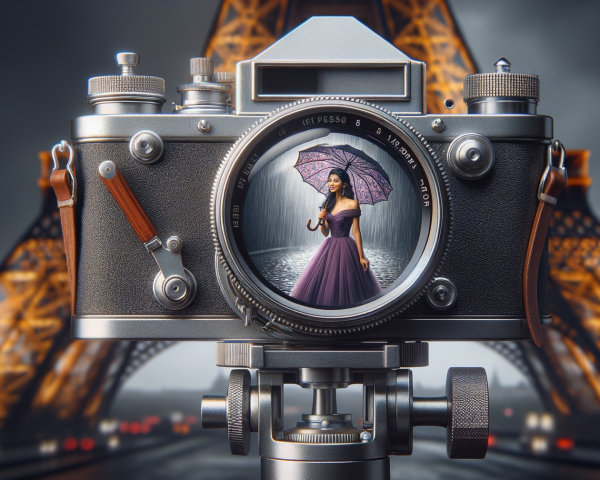 Vintage Camera Captures Woman in Purple Dress by Eiffel Tower