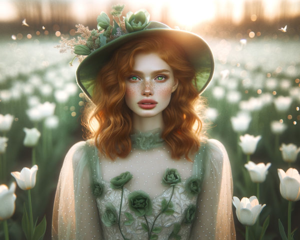 Portrait of a Woman in a Tulip Field at Sunset