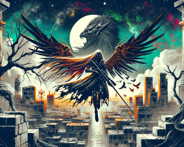 Mysterious Figure with Fiery Wings in Cosmic Ruins
