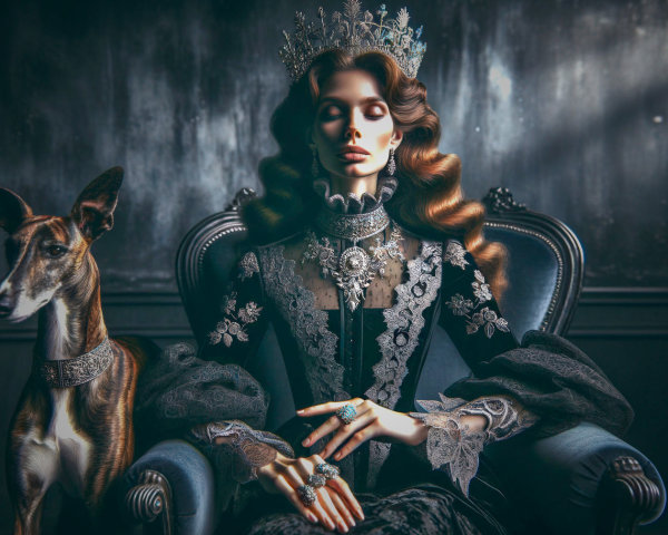 Regal Woman in Lavish Chair with Greyhound Companion
