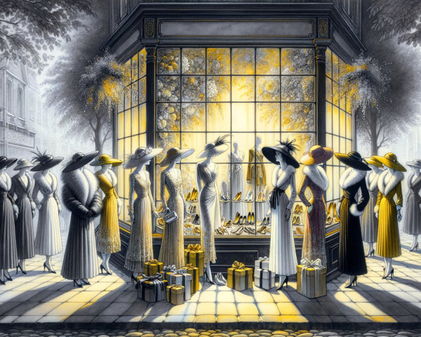 Elegant Women in Hats by Boutique Window Illustration