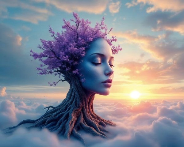 Surreal Female Face Emerging from Tree with Blossoms