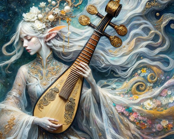 Ethereal Figure Playing Lute in Dreamlike Atmosphere