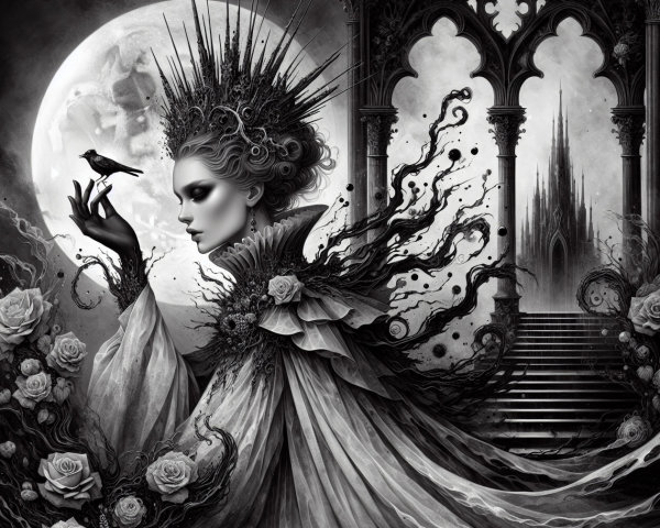 Regal Figure in Black and White Illustration with Vines