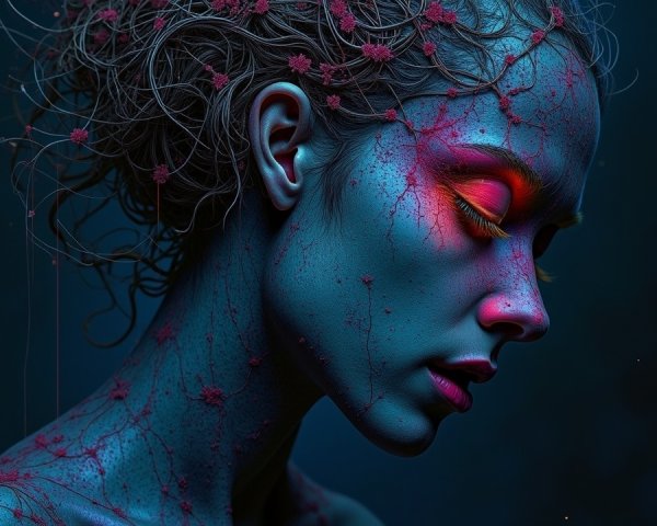 Portrait of a Woman with Blue Skin and Floral Hair