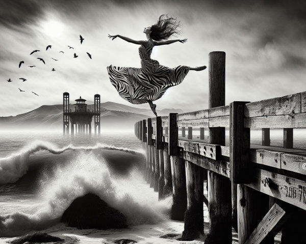 Dancer in Striped Dress on Weathered Pier with Seascape