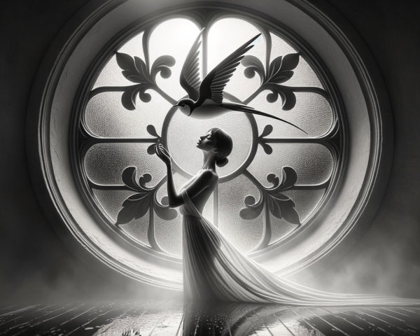 Black-and-white scene with figure by ornate window