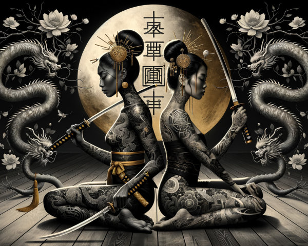Tattooed Figures with Samurai Swords and Dragons