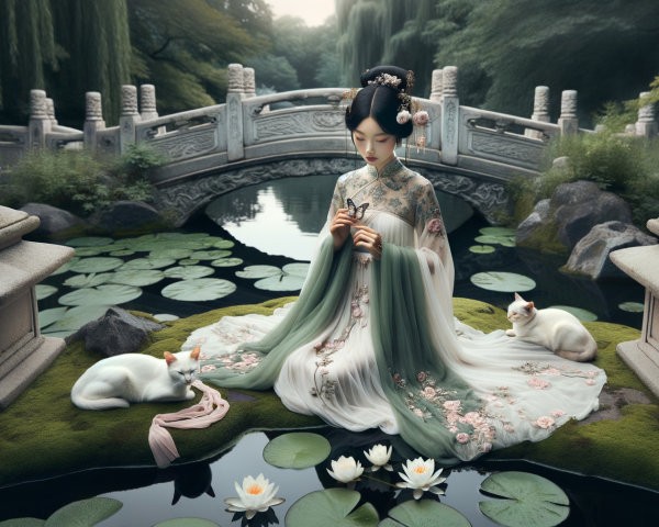 Serene Garden Scene with Elegant Figure and Lotus Pond