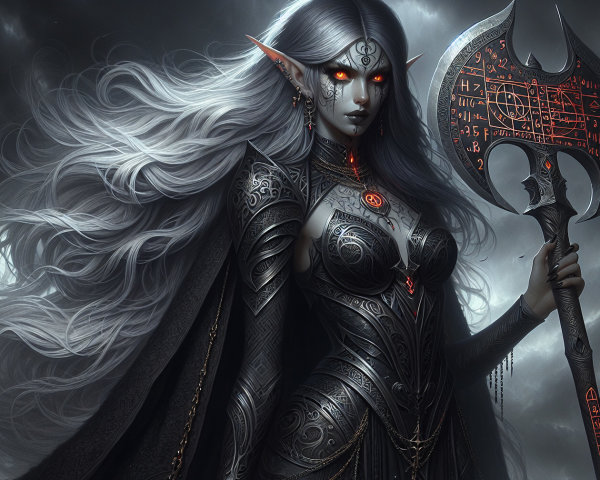 Dark Fantasy Elf in Ornate Armor with Battle Axe