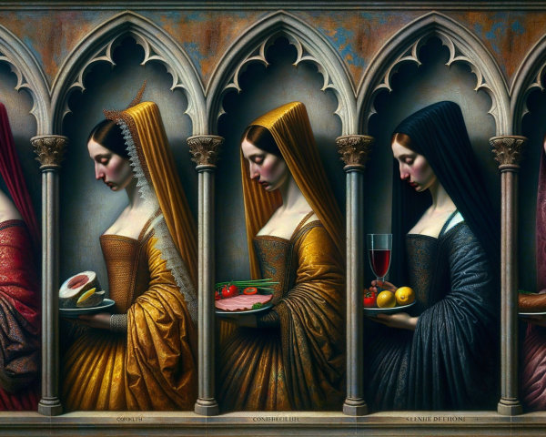 Elegant Women in Gowns Within Gothic Arches