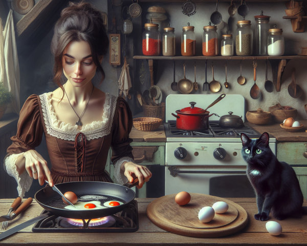 Victorian Woman Cooking in Rustic Kitchen Setting