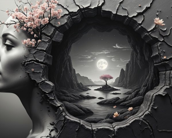 Surreal Stone Profile with Cherry Blossoms and Landscape