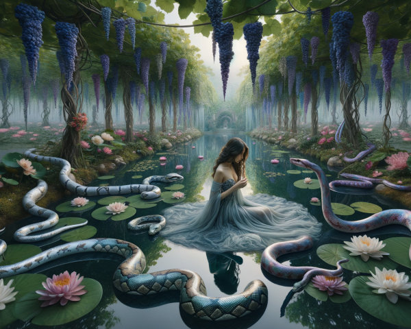 Mystical Garden with Pond and Ethereal Woman