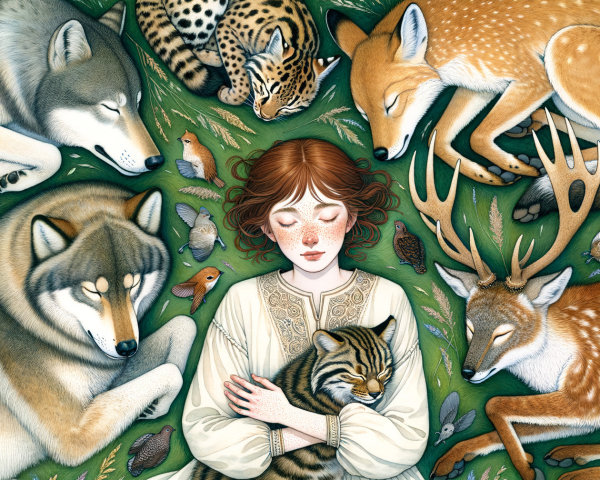 Young girl peacefully surrounded by diverse animals