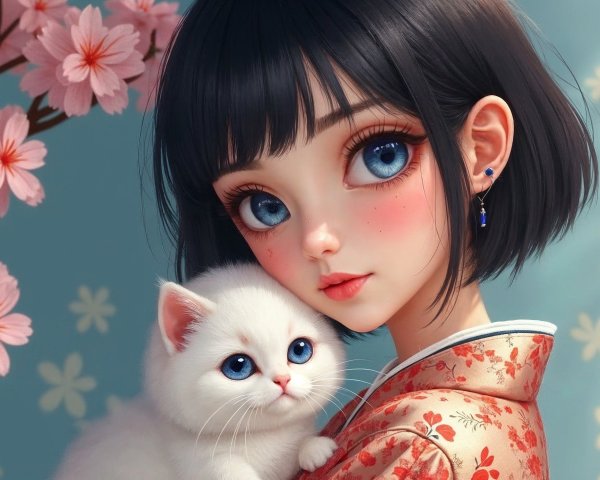 Young girl with kitten in cherry blossom setting