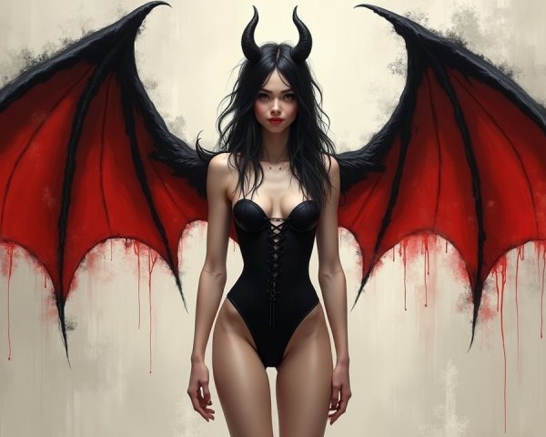 Figure with Dark Hair and Red Devil Wings in Black Bodysuit