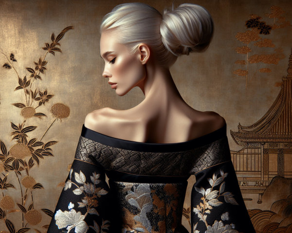 Elegant Kimono Against Luxurious Gold Backdrop