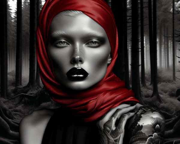 Model in Dark Forest with Bold Makeup and Scarf