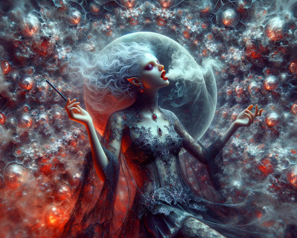 Mystical Figure with Silver Hair in Cosmic Setting