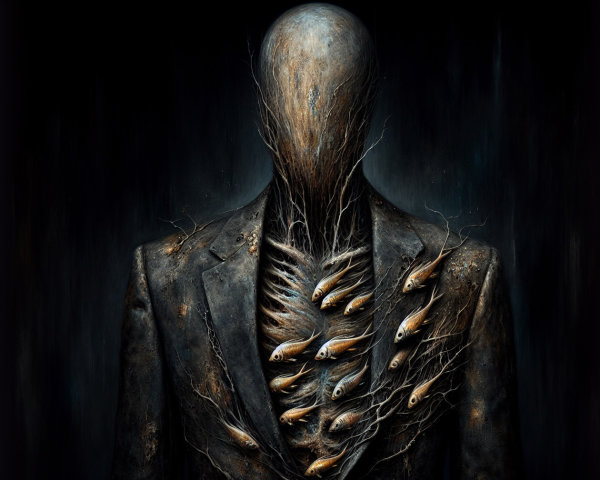 Faceless Figure in Tattered Suit with Hollow Chest
