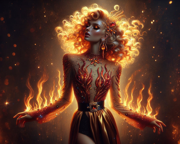 Figure in Flames with Vibrant Hair and Detailed Outfit