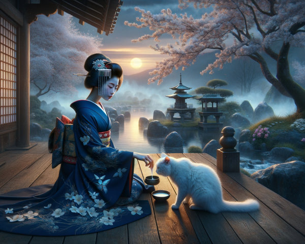 Tranquil Japanese Garden at Dusk with Cherry Blossoms