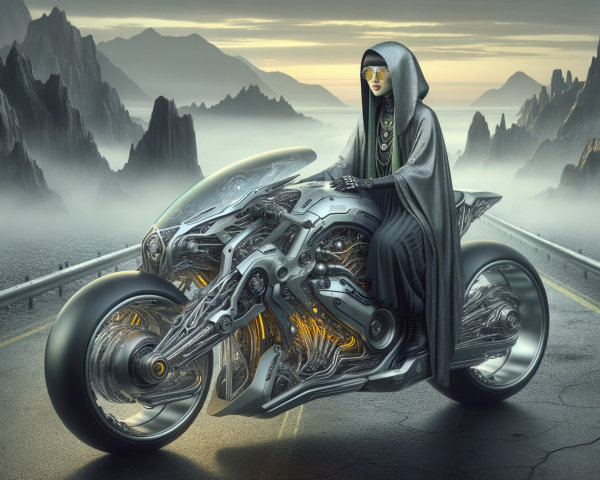 Futuristic figure on high-tech motorcycle in misty landscape