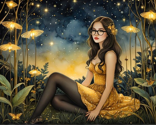 Young woman in yellow dress amidst glowing nature