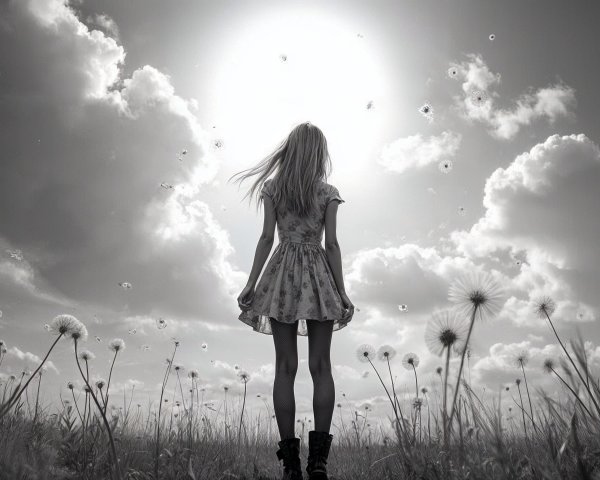 Silhouette of Woman in Dandelion Field at Sunrise