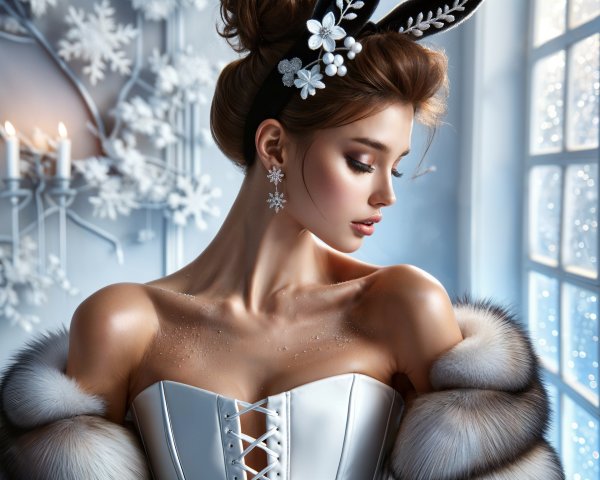 Elegant woman in white gown with winter decor