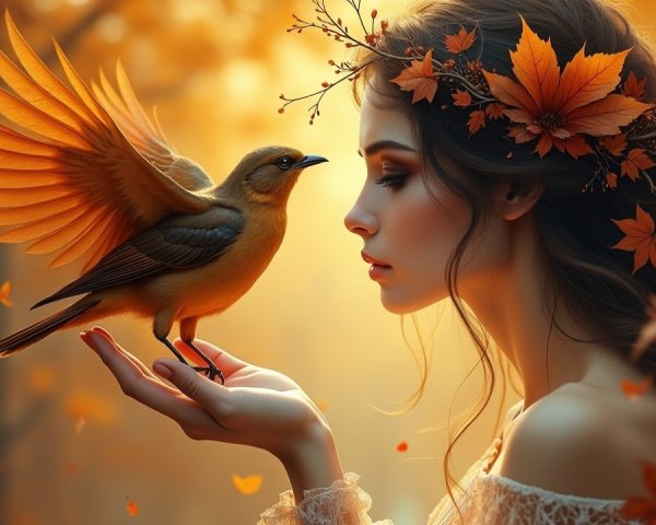 Woman with Autumn Leaves Crown and Golden Bird