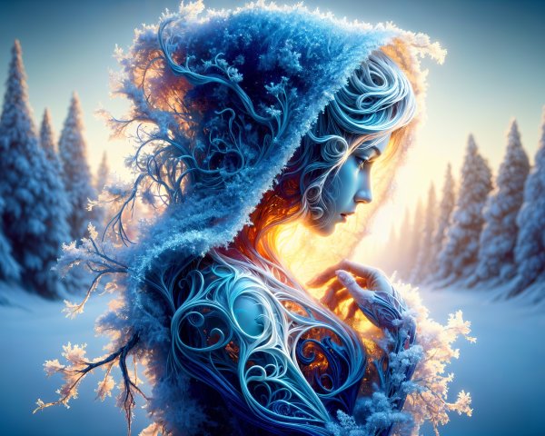 Mystical Figure in Snowy Landscape with Frost Patterns
