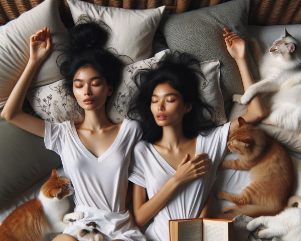 Women Relaxing on Bed Surrounded by Cats and Pillows