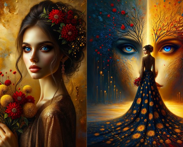 Split Scene of Young Woman and Mystical Landscape