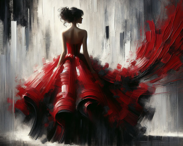 Silhouette of Woman in Flowing Red Gown with Abstract Background