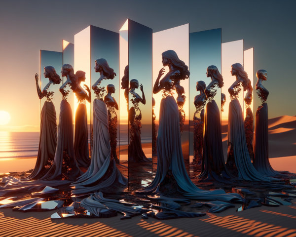 Surreal Desert Landscape with Mirrored Figures at Sunset