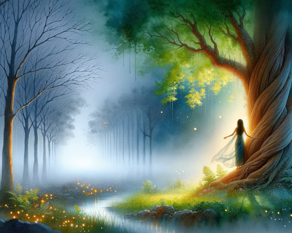 Mystical forest scene with glowing ancient tree