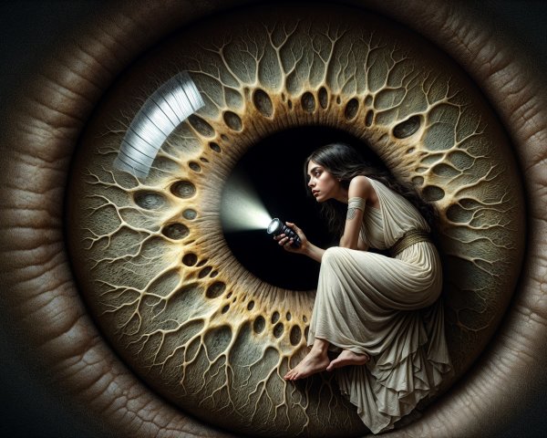 Close-up of a human eye with a woman inside