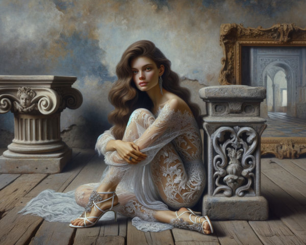 Young Woman in Lace Amid Classical Architecture