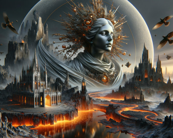 Surreal Landscape with Large Head Sculpture and Lava River