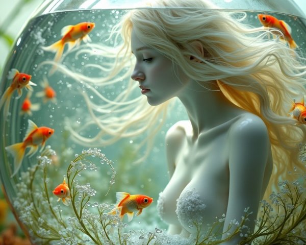 Young Woman in Fishbowl with Goldfish and Aquatic Plants