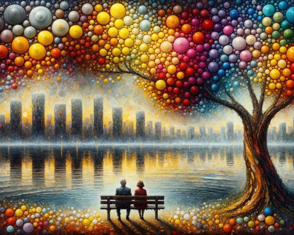 Figures by a Lake with City Skyline and Colorful Tree