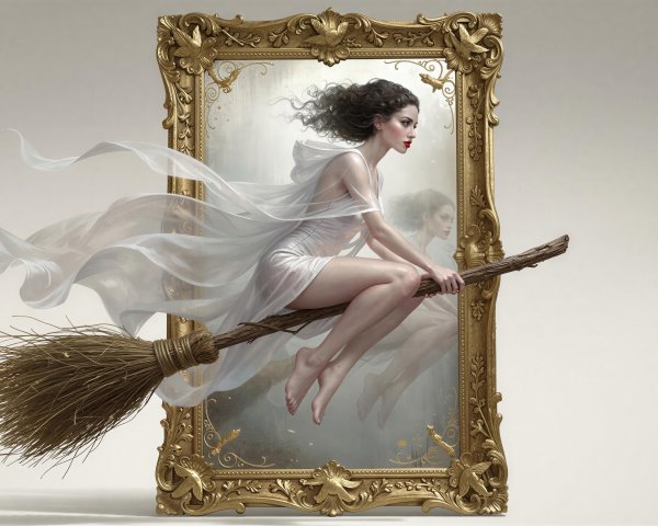 Woman in White Dress Riding Broomstick in Mirror