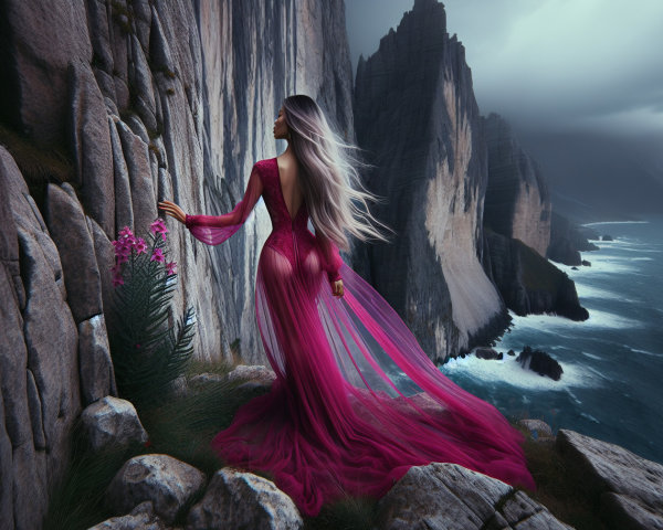 Figure in Pink Gown on Rocky Cliff by Coastline