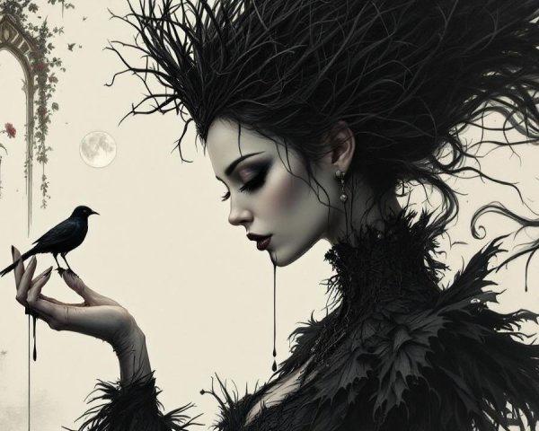 Dramatic Woman with Spiky Hair and Black Bird
