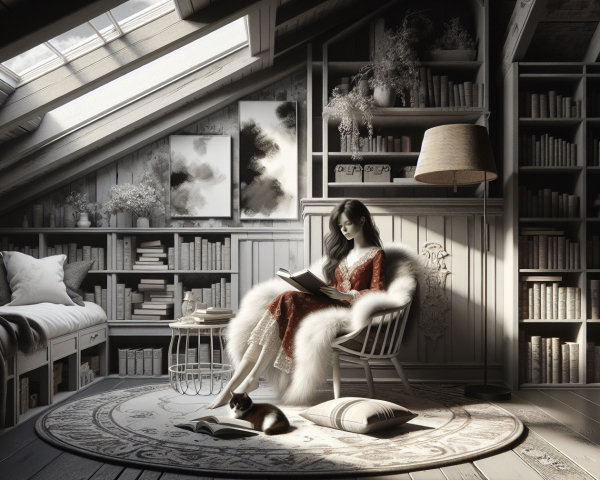 Cozy attic reading nook with sunlight and a cat