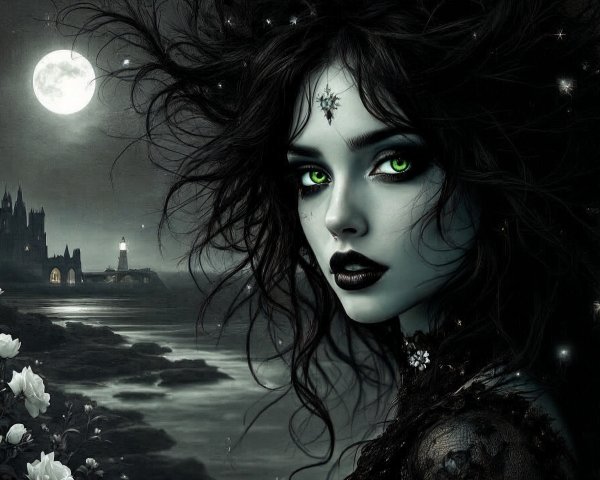 Haunting Figure in Dark Mystical Landscape with Roses