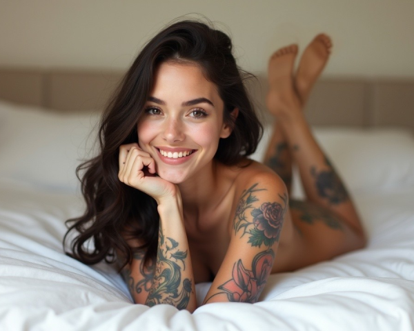Woman with tattoos smiling on a bed with neutral tones