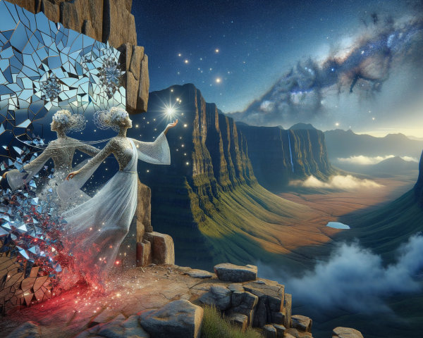Surreal Landscape with Shattered Mirror and Ethereal Figures